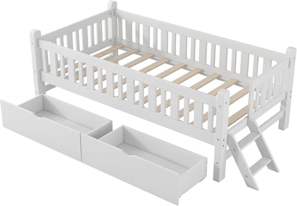 Kids Montessori Floor Bed with Storage Drawers, White