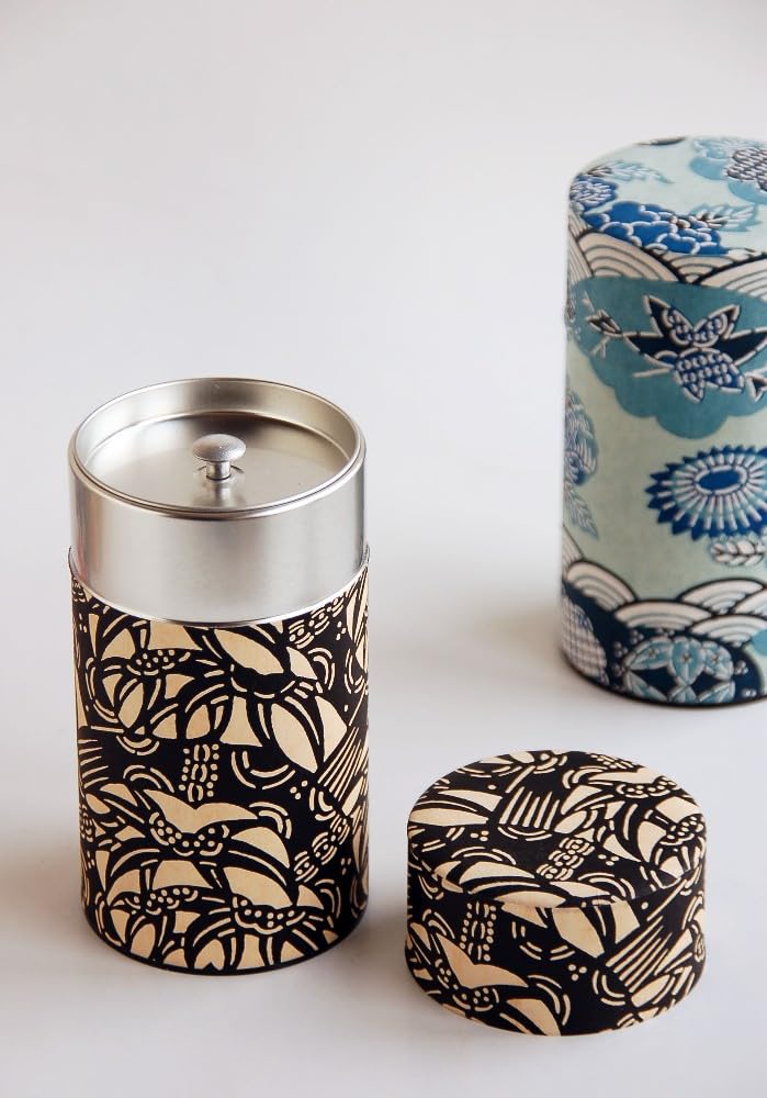 Japanese Pokkan Matcha Coffee Spice Tea Tin Canister Washi Paper Storage with Lid 7.05 oz Capacity (Han)