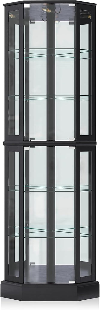 Lighted 3-Side Glass Display Curio Cabinet with Tempered Glass Doors and Shelves, Curved Wood Corner Cabinet with