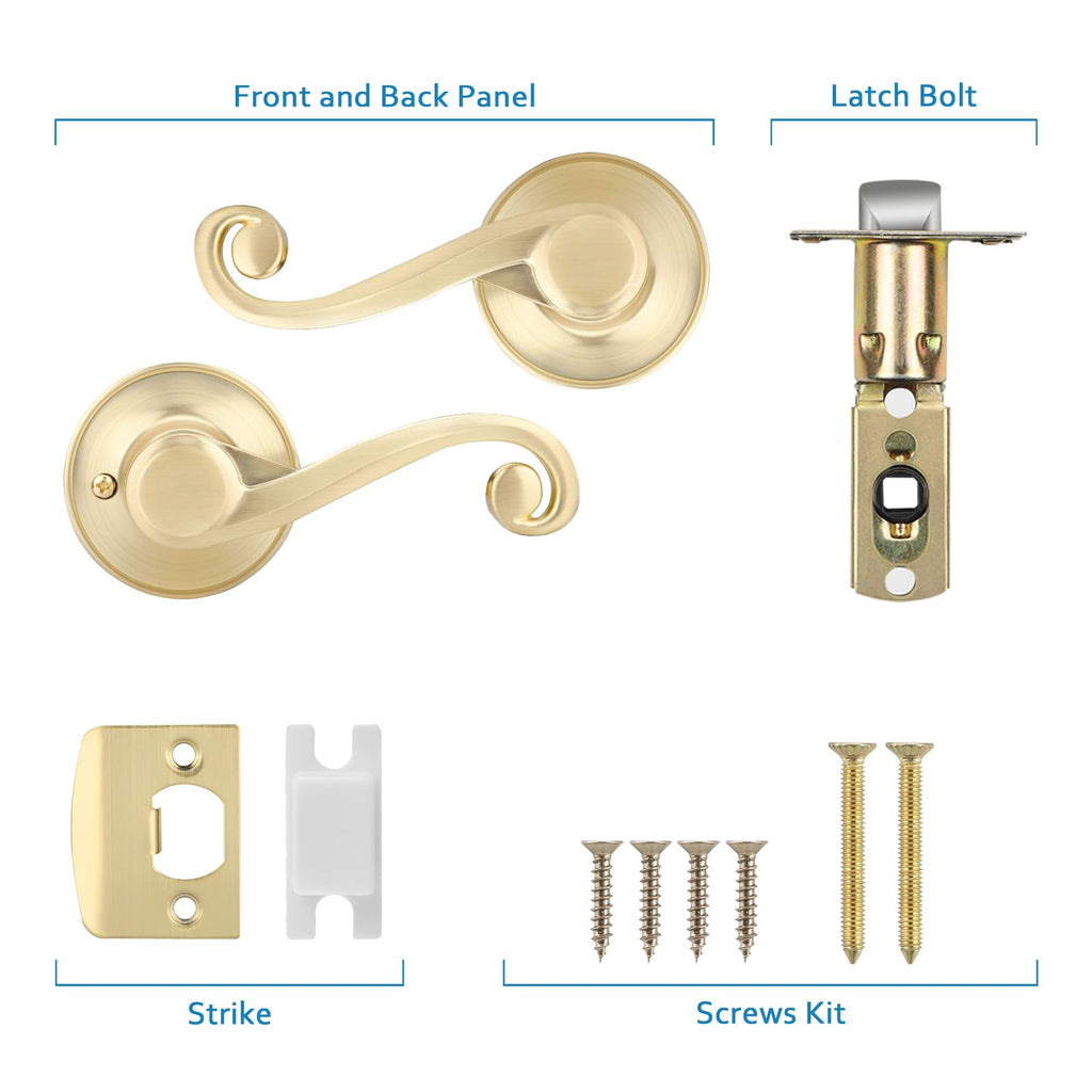 5 Pack Gold Satin Brass Door Handles, Wave Handle, Brushed Brass