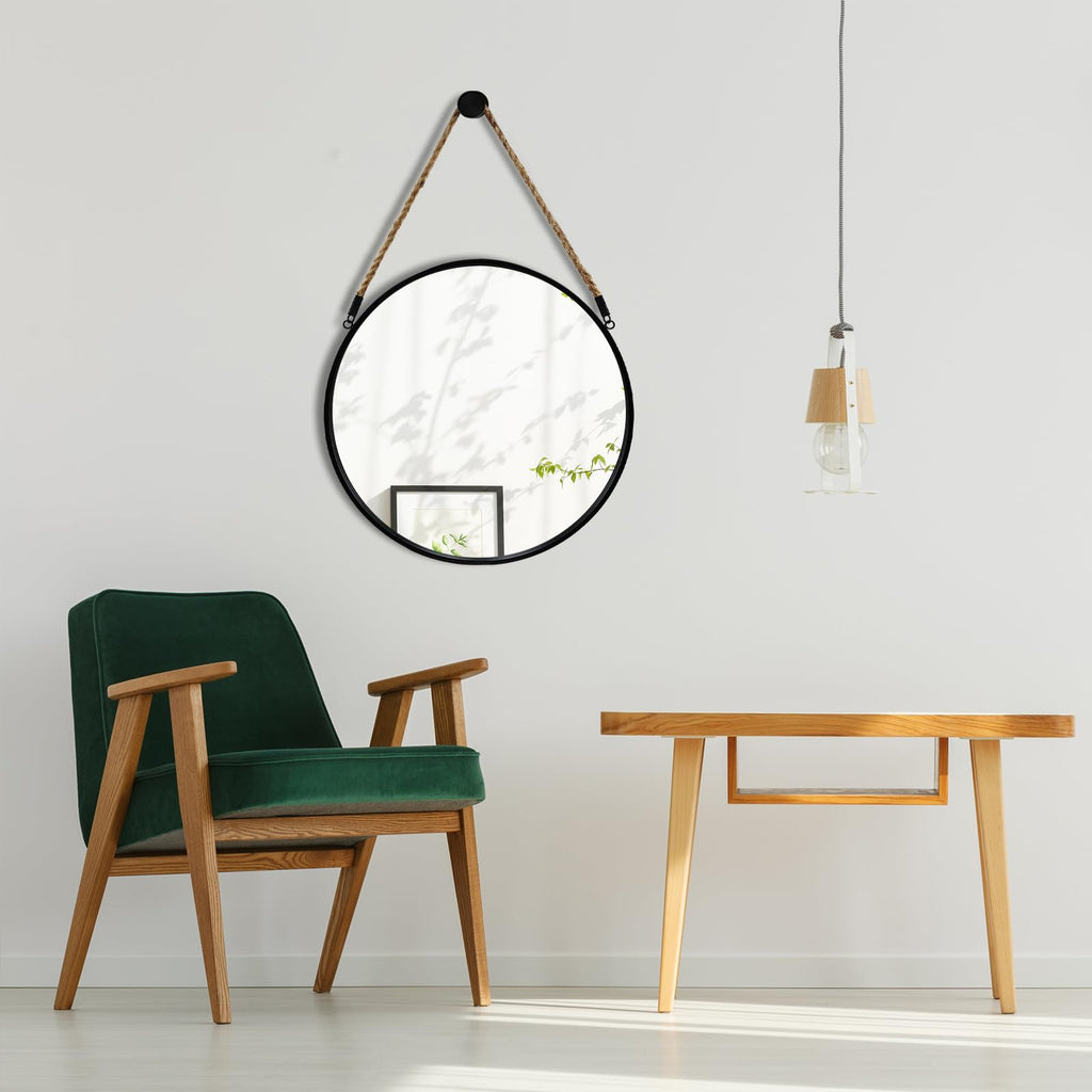 15" Small Round Hanging Mirror, Circle Wall Mirror with Jute Rope