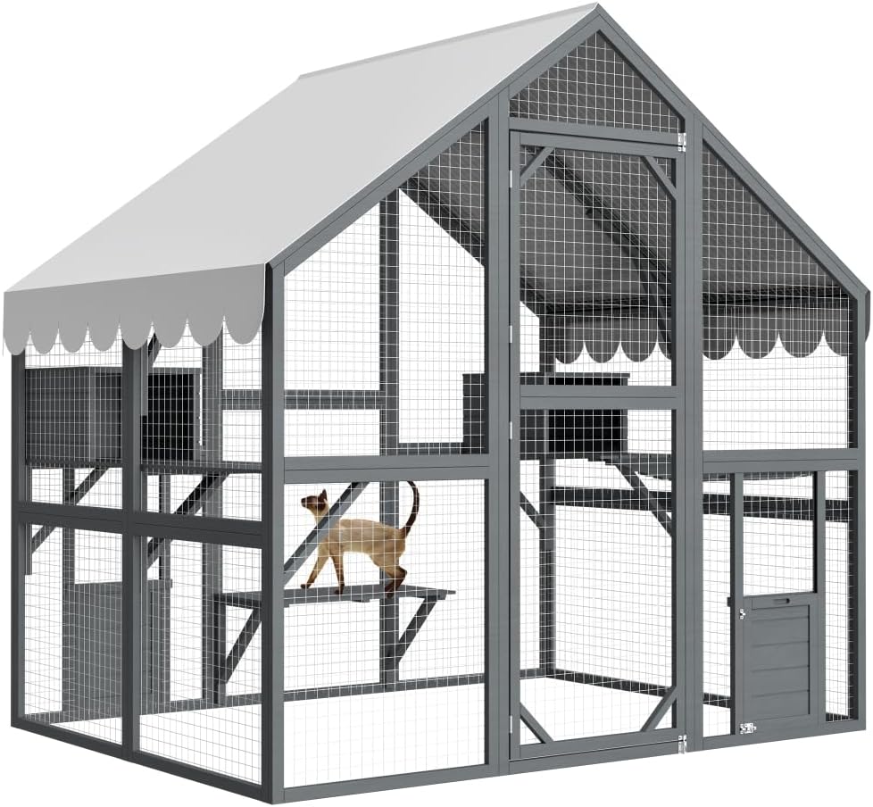 Large Outdoor Cat Enclosure with Wooden Frame, Suspension Bridges, Walking Paths, Cozy Resting Houses
