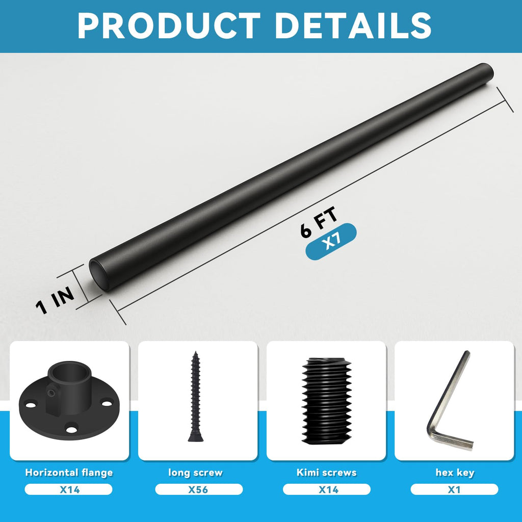 6 Foot x 1-inch Round Horizontal Bar Baluster for Stair Remodel- Wrought Iron Hollow Staircase Metal Spindles for