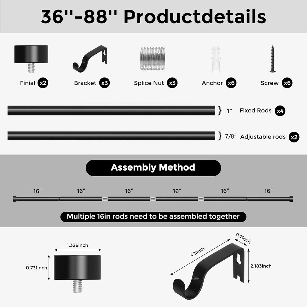Curtain Rods for Windows (4-7 Feet),Black 1'' Diameter Drapery Rods with End Cap Style Design,Modern