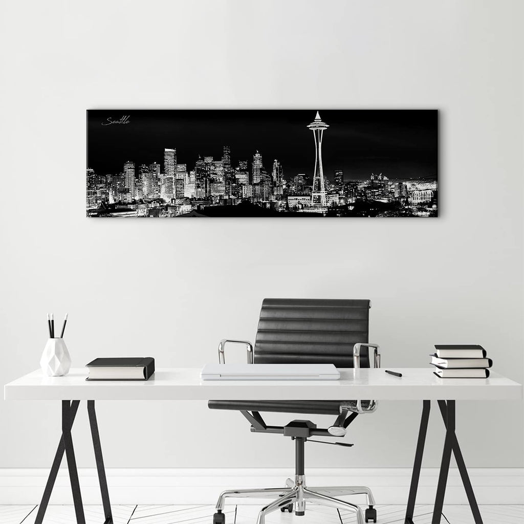 Seattle Skyline Wall Black and White Washington Cityscape Picture Space Needle Panoramic Artwork Urban Building