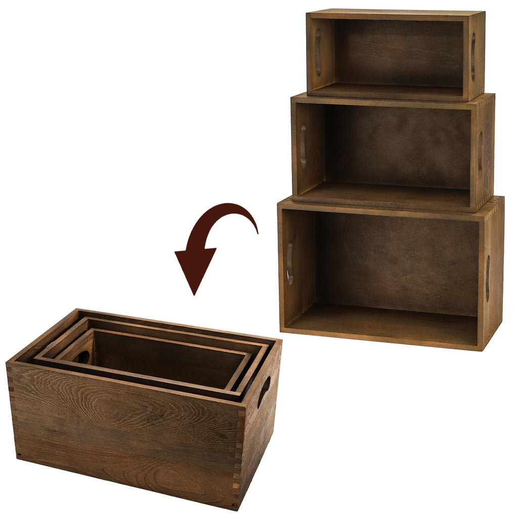 Set of 3 Nesting Wooden Crates, Wood Crate Box with Handle, Rustic Brown Decorative Wood Storage Crates Container