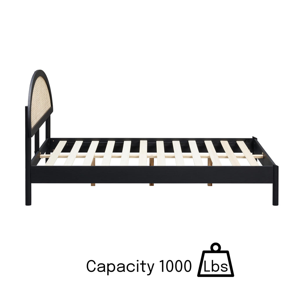 Gem Wooden Bed Frame with Headboard and Natural Rattan, Solid Oak Foundation with Silent Slats, 1000 Lb Capacity
