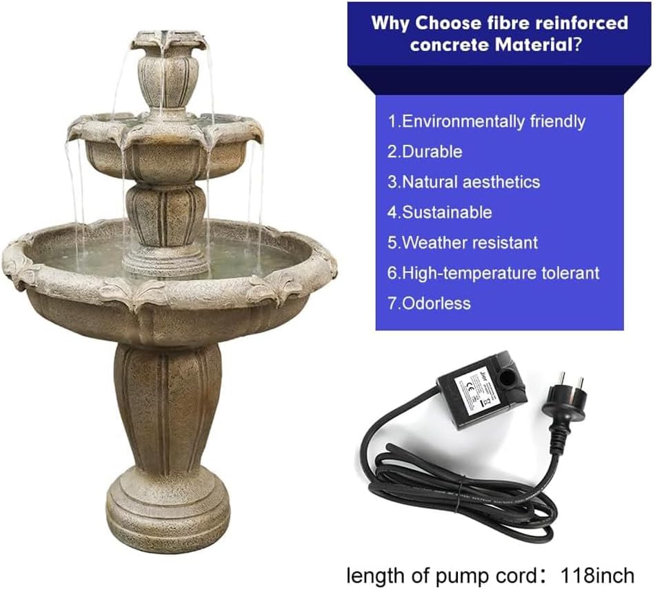 48” H Outdoor Floor Water Fountain, 3-Tiers Concrete Water Fountain with Submersible Electric Pump