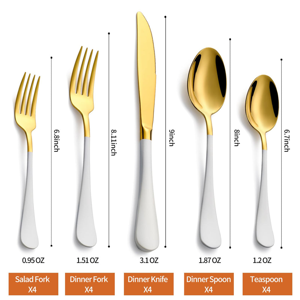 20 Piece Gold and White 18/0 Flatware Utensil Set for 4, Include Dinner Knife, Dinner Forks, Dinner Spoons, Salad