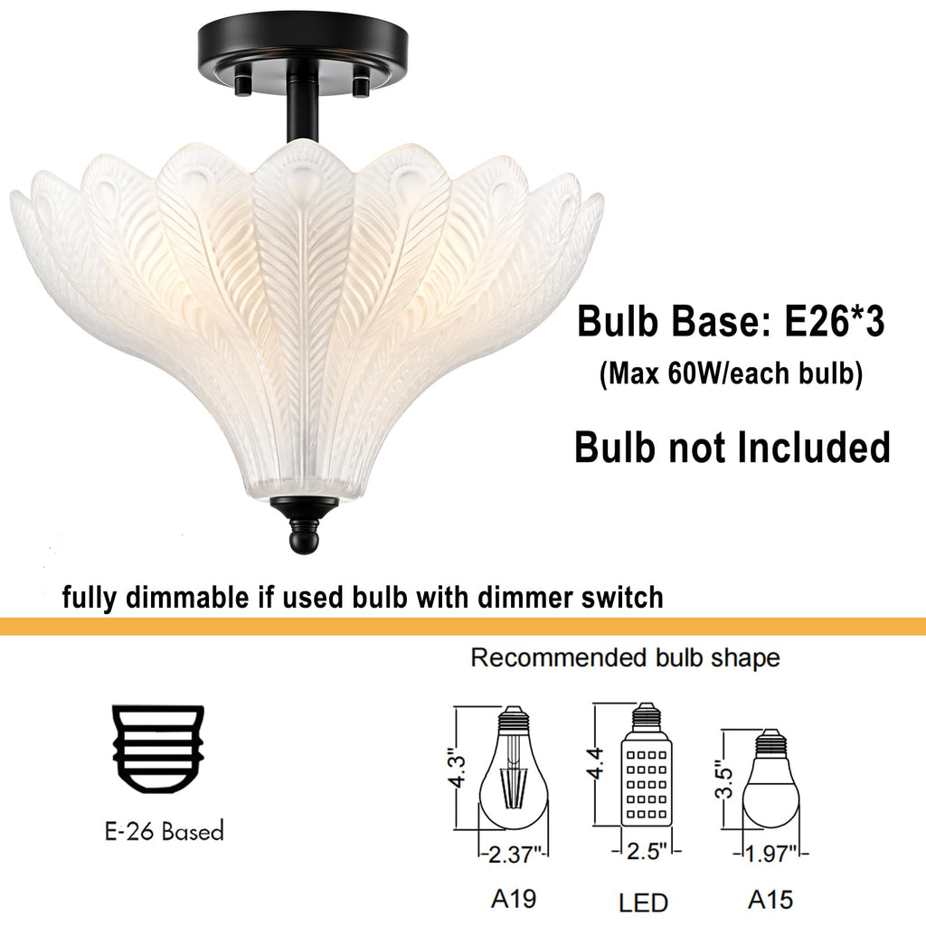 Black Ceiling Light 3-Light Semi-flush Mount Milk Feather Glass Shade