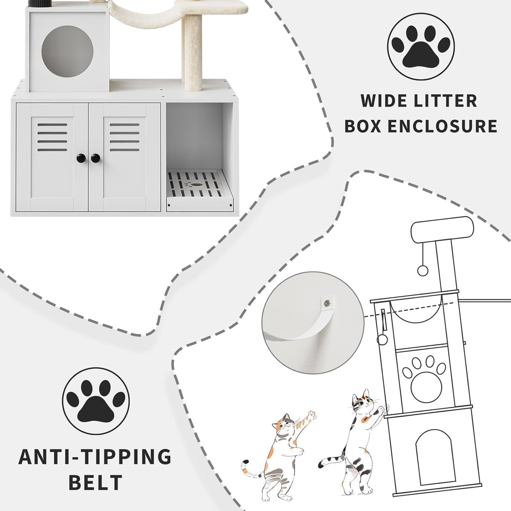 Cat Tree House, Cat Condos, Aesthetic Cats Tree, Hidden Litter Box, Wooden Cats Furniture with Multiple Platforms