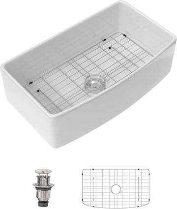 33 Inch Curved Farmhouse Sink, White Fireclay Apron Front Sink, Single Bowl Ceramic Farm Kitchen Sink with Smooth Arc