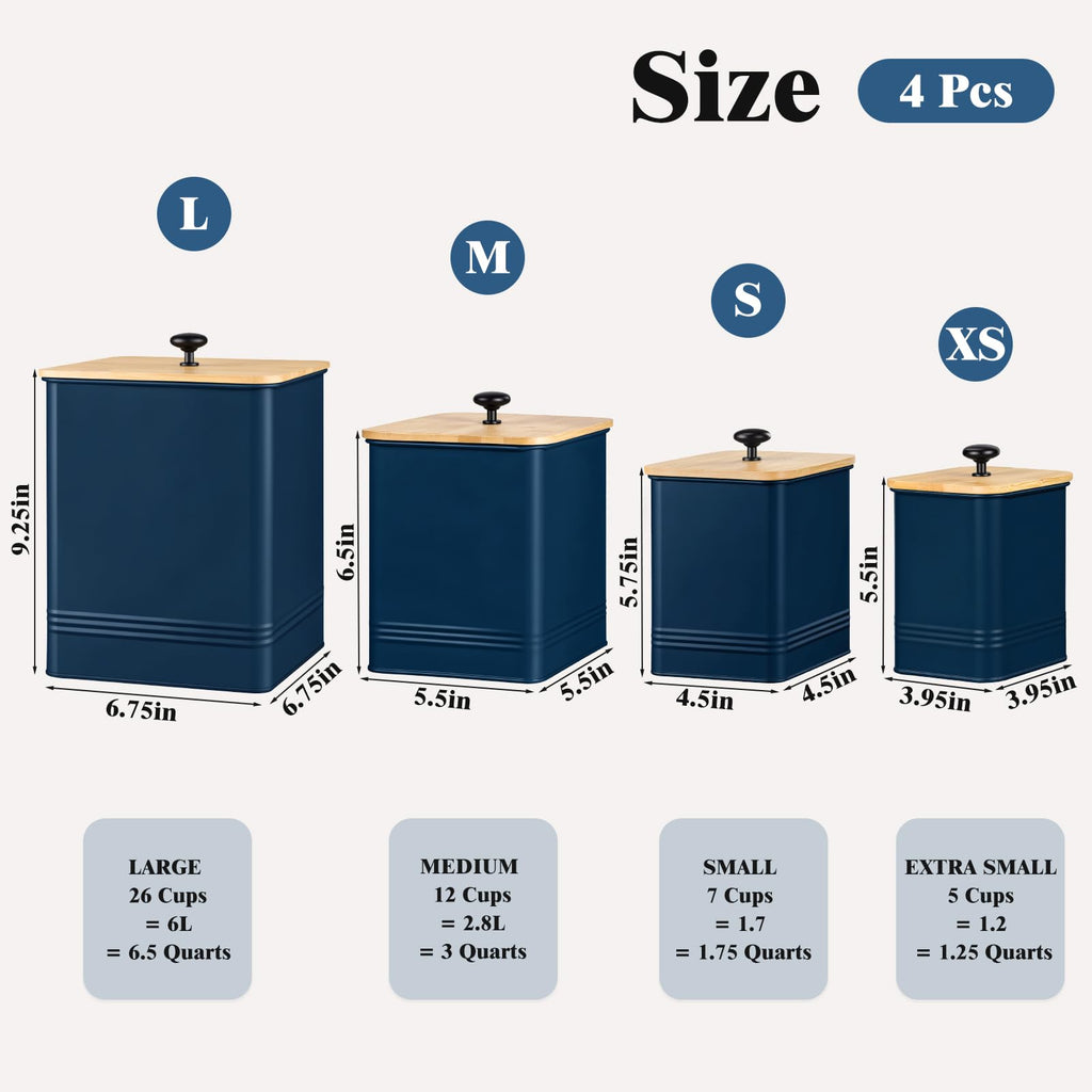 Kitchen Canisters Set 4, Dark Blue Metal Airtight Kitchen Storage Containers