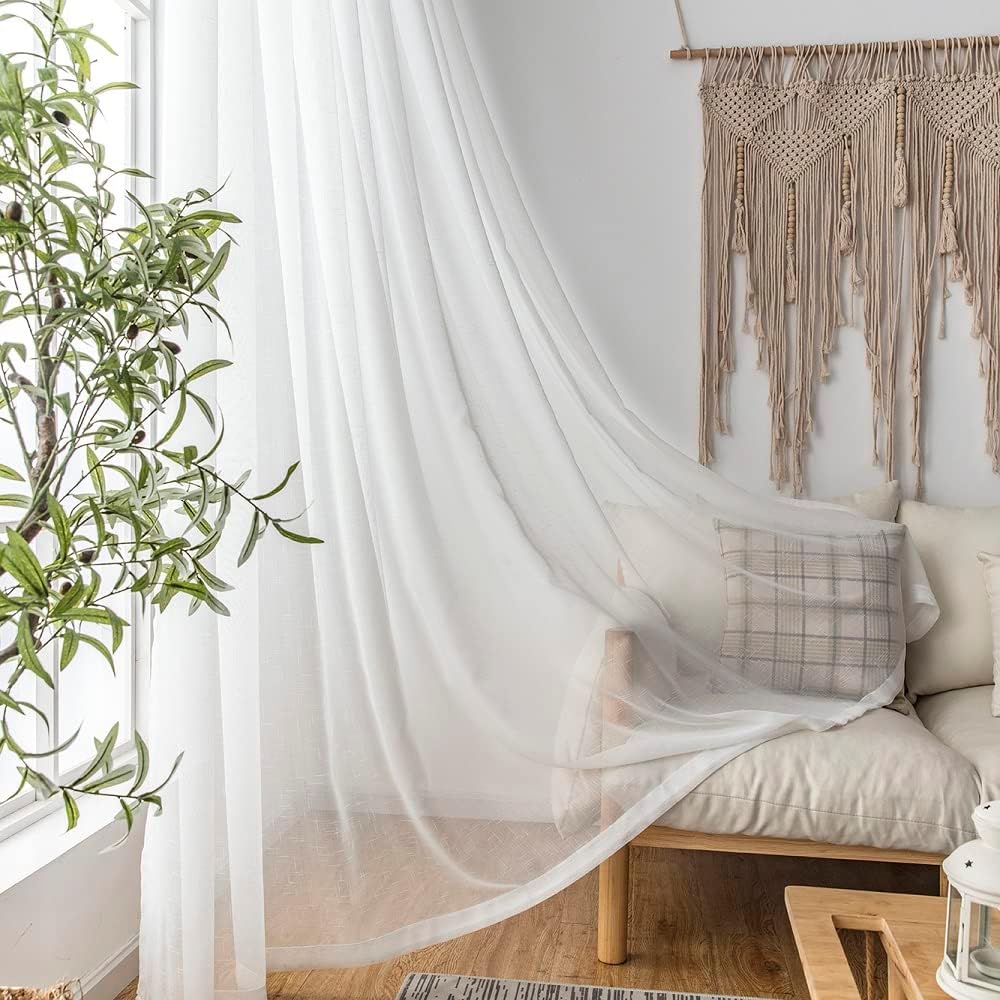 Off White Sheer Curtains 96 Inches Long 2 Panels, Thin Textured Linen Look Ceiling Curtains & Drapes, Rustic See