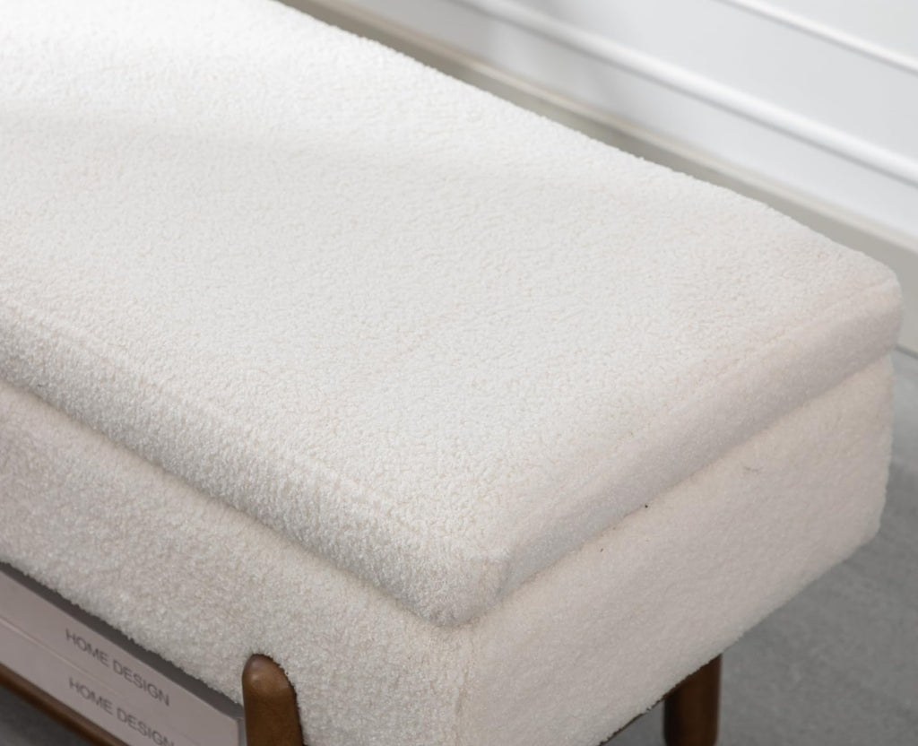 Modern Storage Bench End of Bed Sherpa Upholstered Ottoman Bench with Storage and Wood Shoe Rack Farmhouse Long