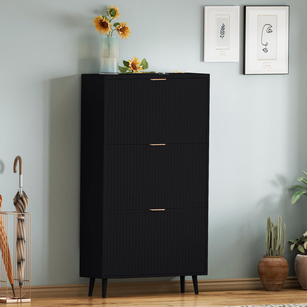 Shoe Cabinet Storage, Modern Freestanding Organizer with 3 Flip Drawers, Narrow Shoe Rack Cabinet, Black