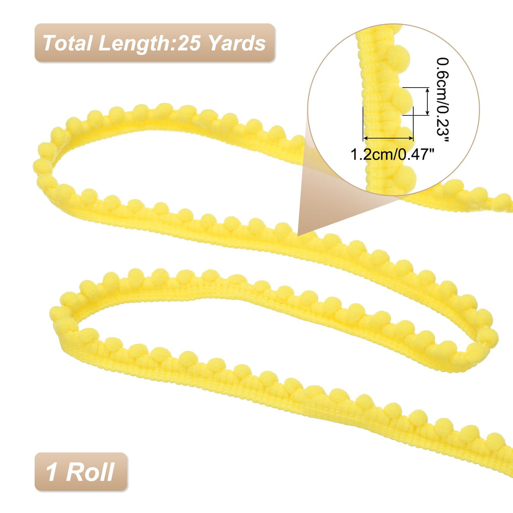 Pom Trim Ribbon, 0.5" Wide Bright Yellow Pom Ball Fringe Trim Sewing Fringe Fabric Trim Ribbon for DIY - 25 Yards