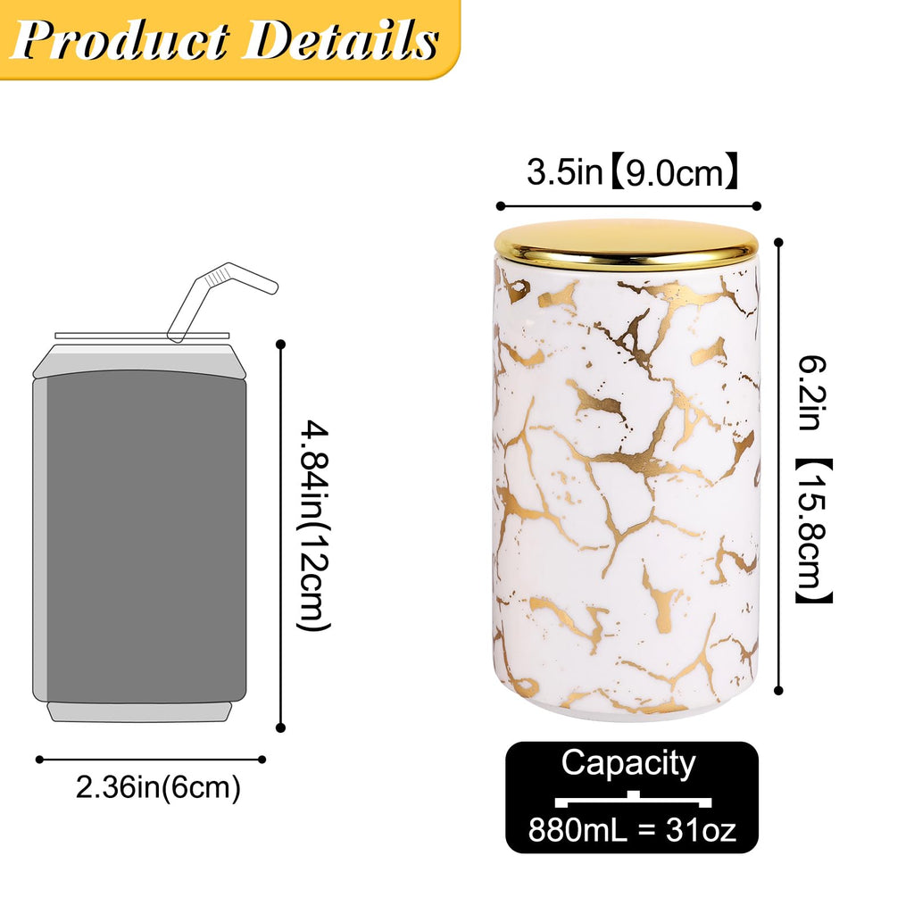 Elegant ceramic food storage jar with golden marble design, black and white, used for organizing kitchen and food