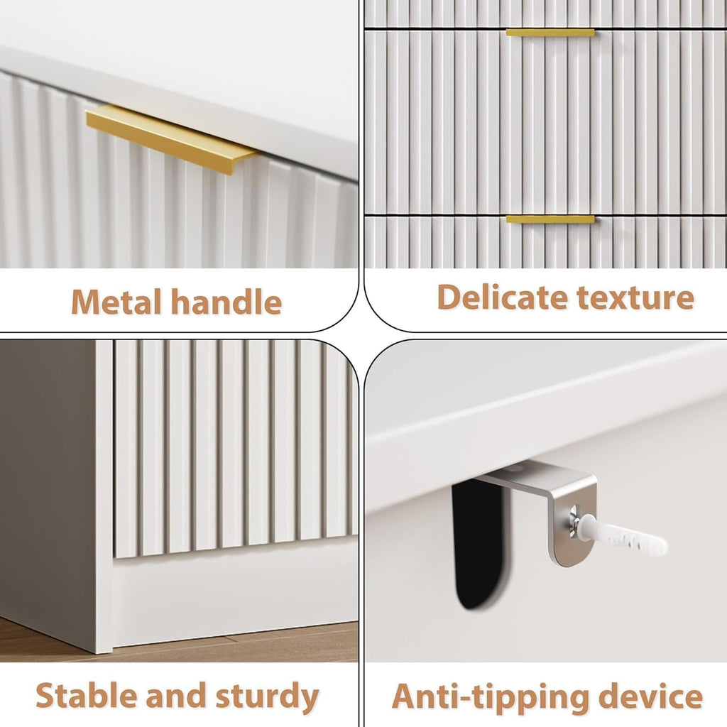 White 5 Drawer, Fluted with Gold metal Handles