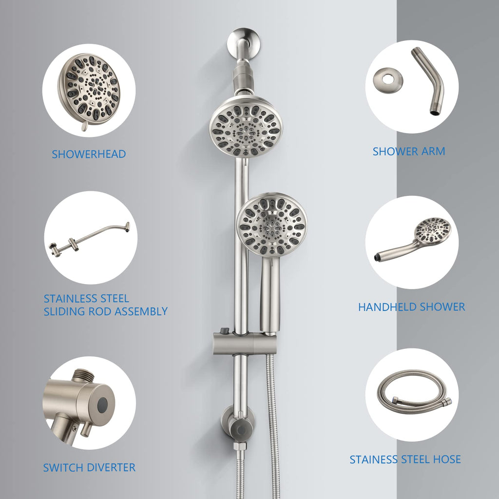 High Pressure 48-Settings Shower Head with Handheld Shower,Drill-Free 3-Way Diverter for Easy Reach,Adjustable Height