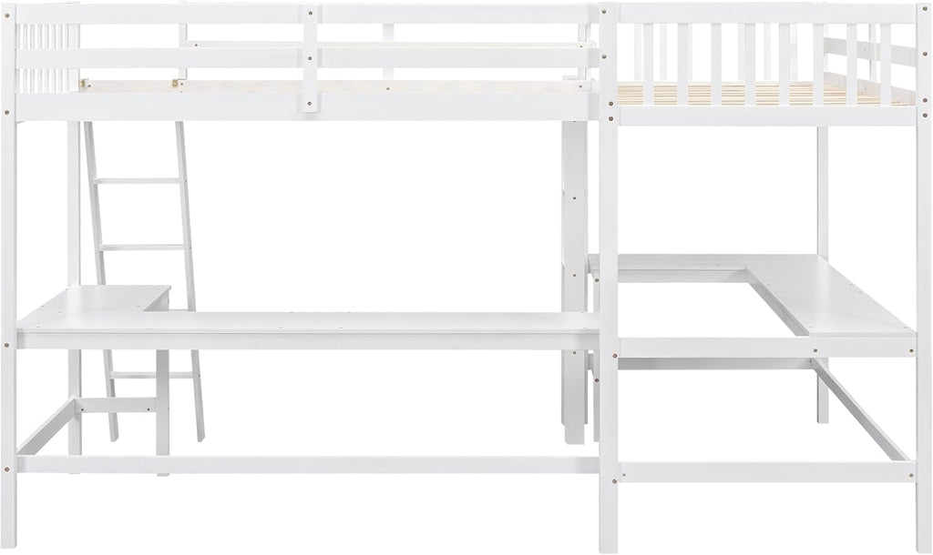 Corner Double Loft Bed with L-Shaped Desks, Twin Loft Bed with Desks & Slant Ladder for Kids Teens Adults