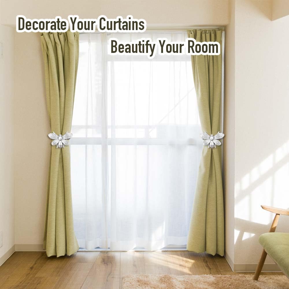 Curtain Holdbacks Set of 2, Gift, Resin Magnetic Curtain Tiebacks Silver Flying Bee Curtain Holders, Decorative