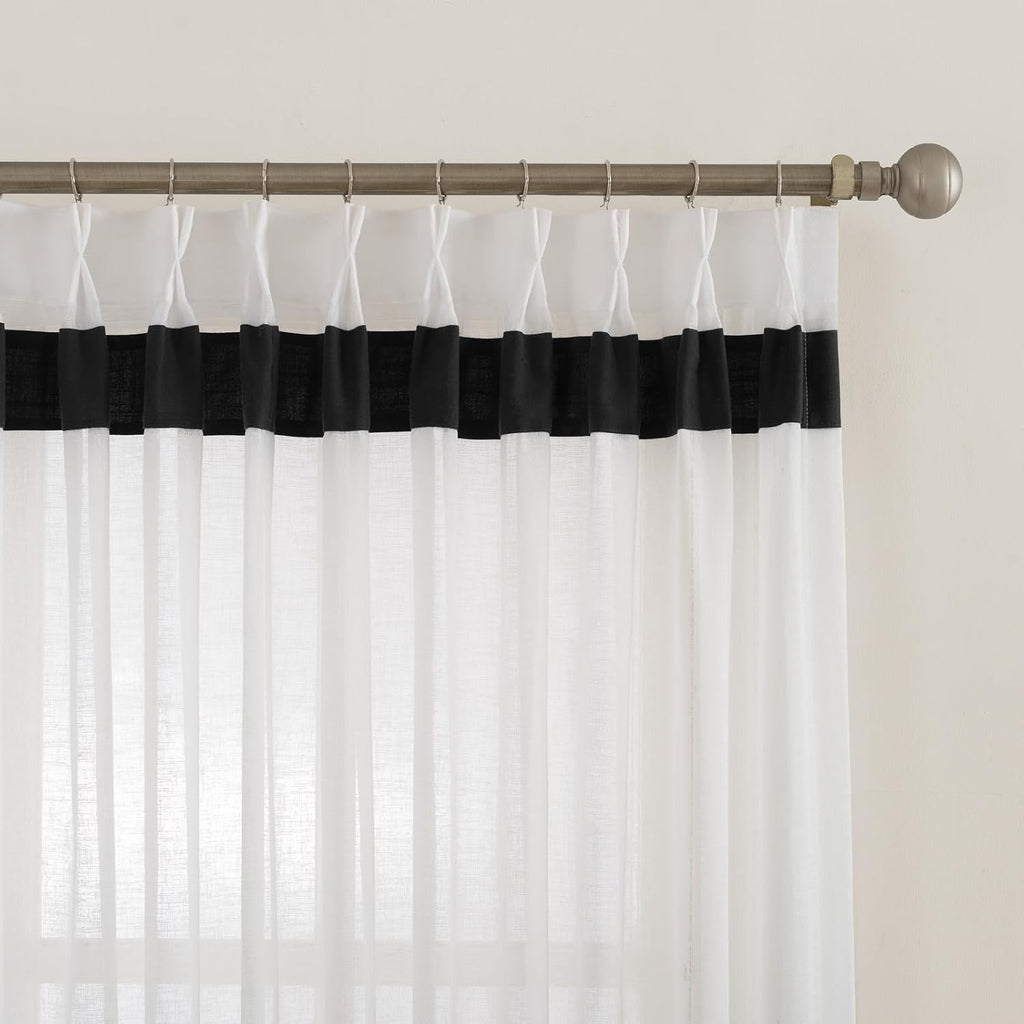 Window Sheer Curtains 42 inches Wide, White with Black Border Semi Pinch Pleated Sheer Curtains Panels Drapery, 42" W