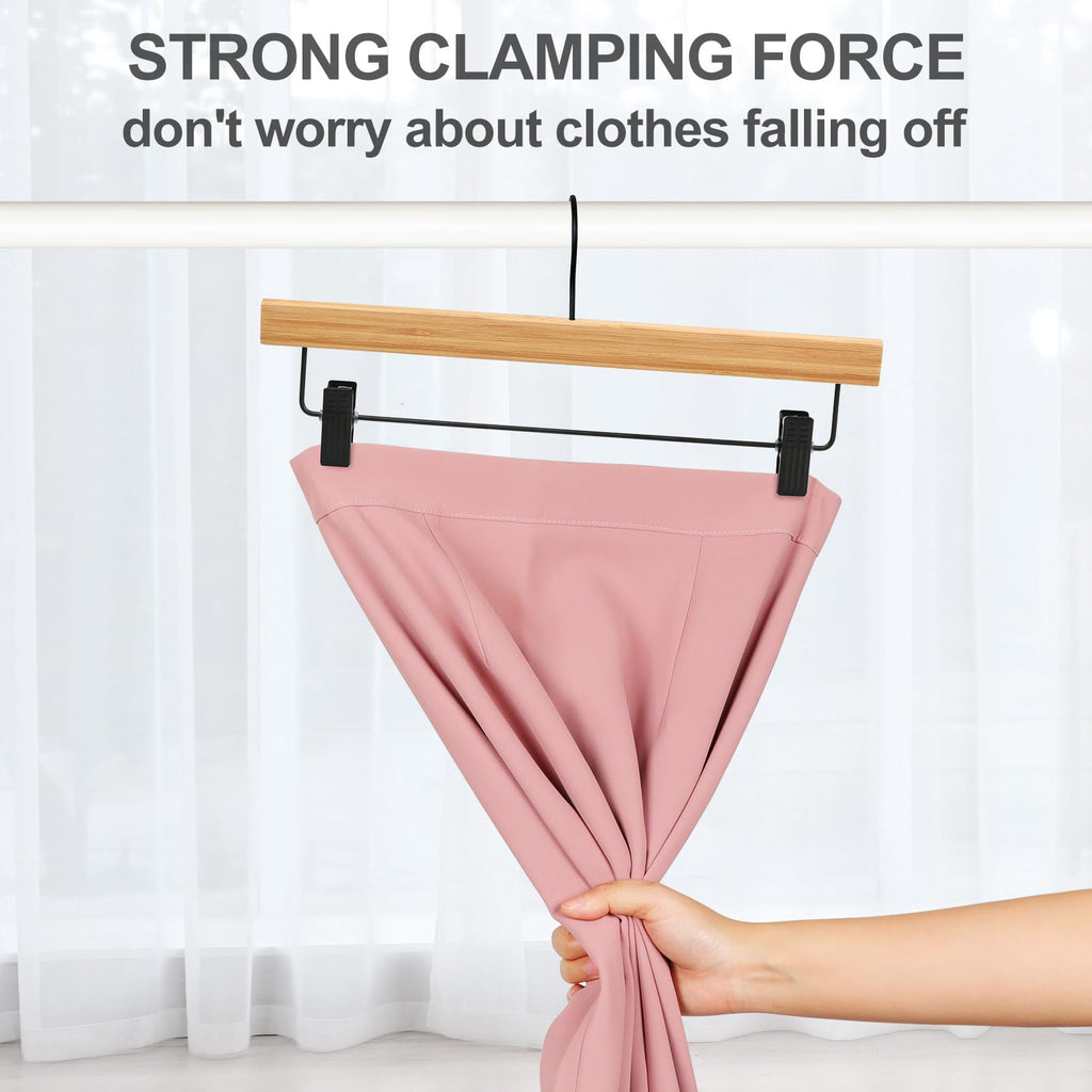 Pants Hangers 20 Pack, Bamboo Clothes Hangers with Black Clips and Rotatable Hook, Durable Natural Wooden Hangers for