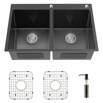 Black 33x22In Drop- Sink, Stainless Steel, 50/50 Equal Double Bowl