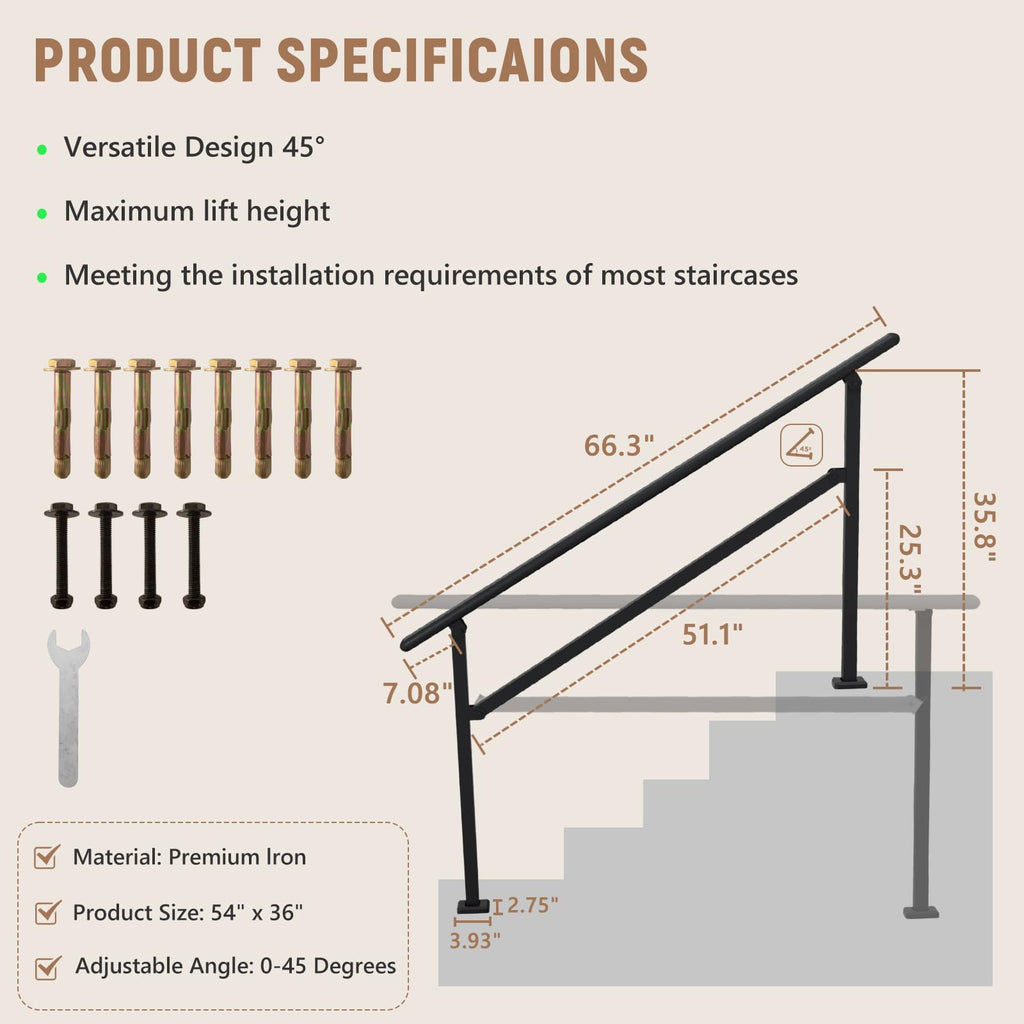 Hand Rails for Outdoor Steps, 4-5 Step Railing for Stairs, Adjustable Porch Railing, Hand Rails for Seniors, Outdoor Deck