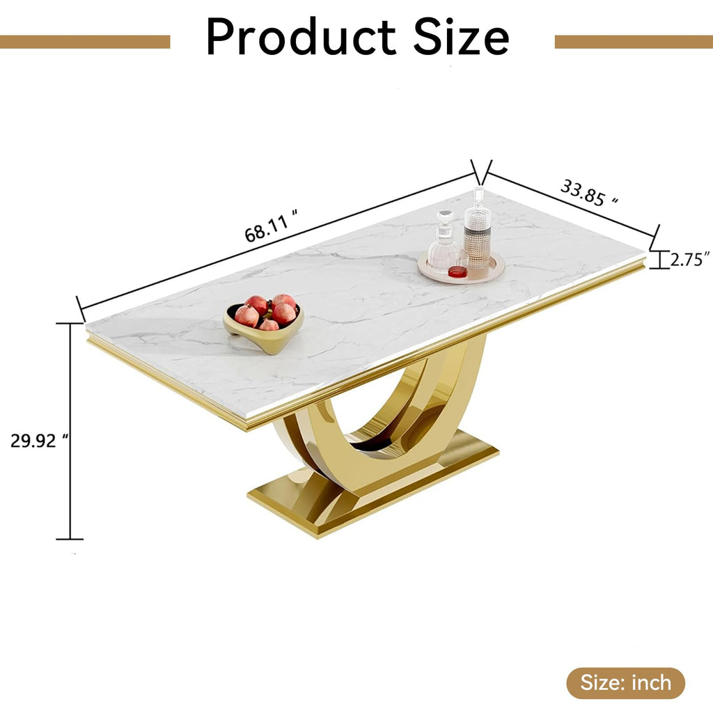 White Marble Dining Table Luxury Faux Marble Kitchen Table with U-Shape Mirrored Finish Pedestal Base, 68"