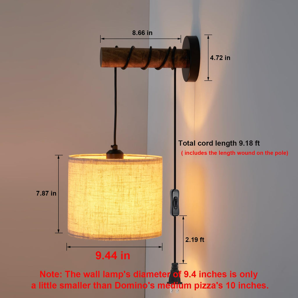 Wall Sconces Set of Two, Plug in Sconces Wall Lighting with Fabric Shade, Farmhouse Wall Lamps with Plug in Cord