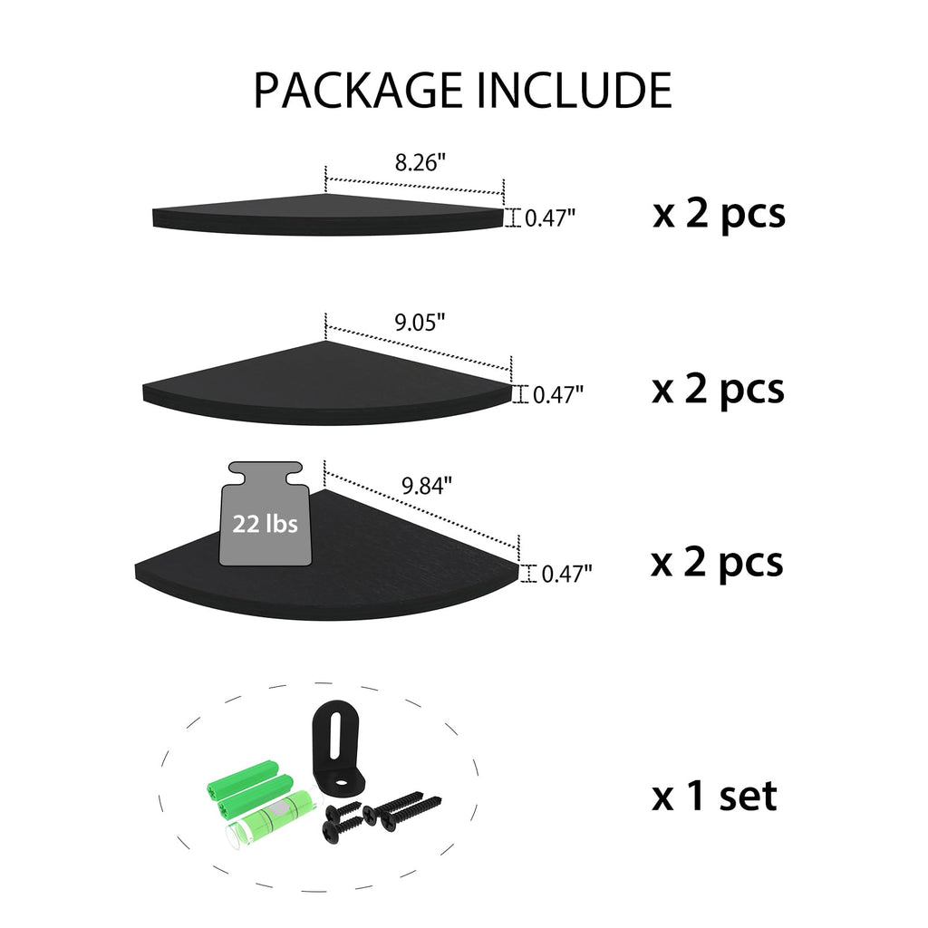 6 Pack Floating Corner Shelf Wall Mount (Black)