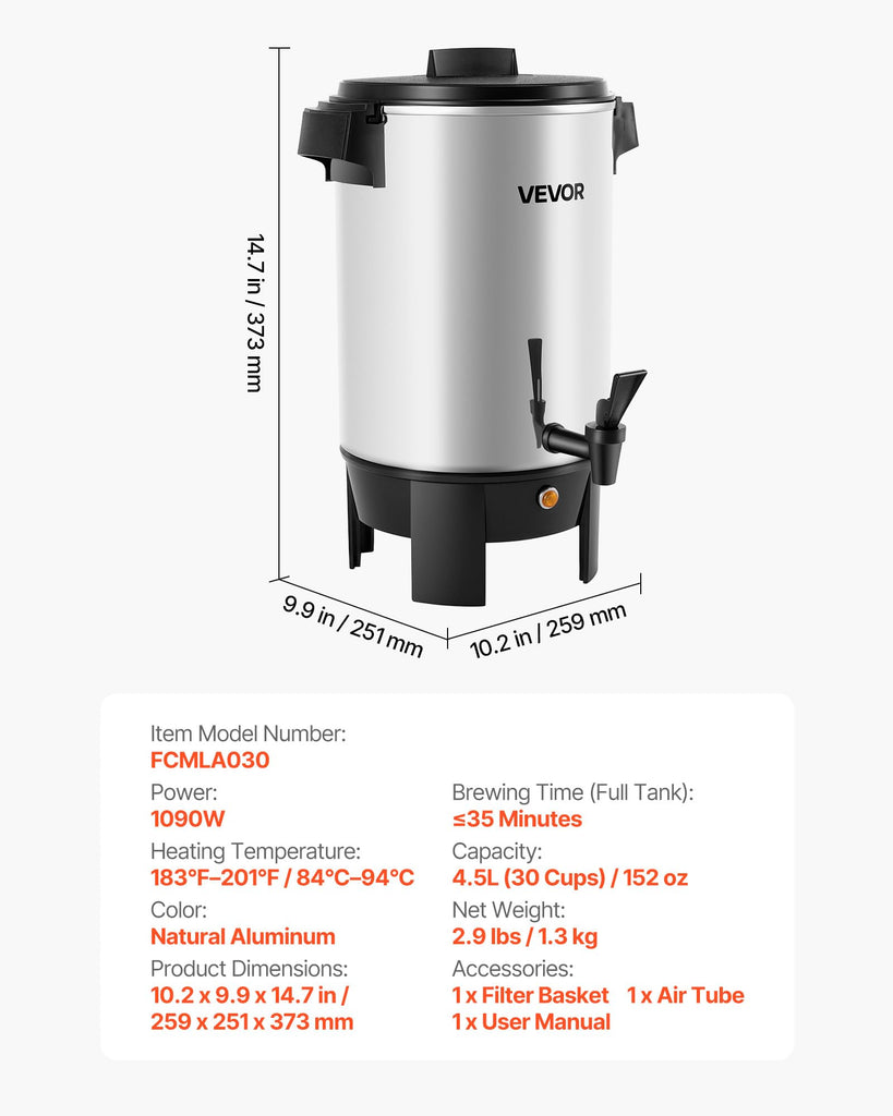 Commercial Coffee Urn, 30 Cup, 4.8 qt 1090W Hot Beverage Dispenser