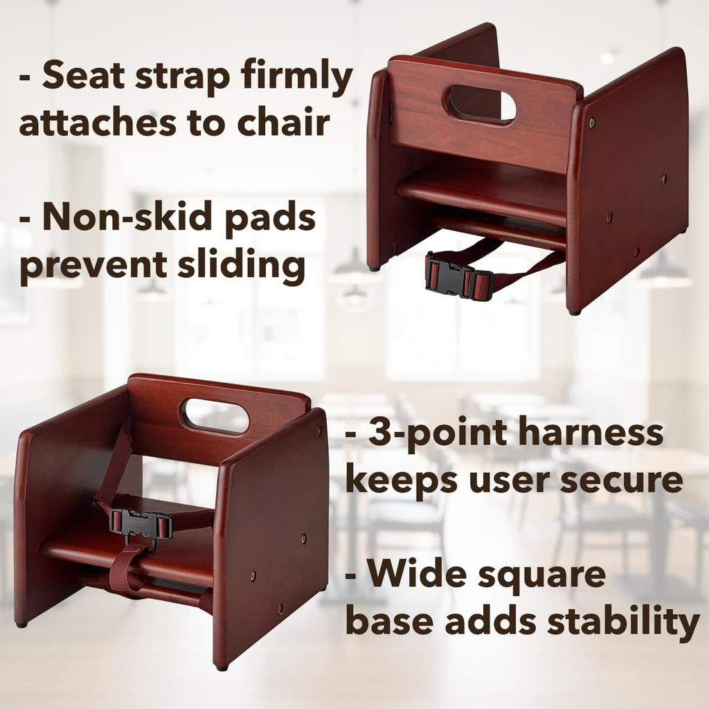 Unassembled Wooden Booster Seat with Mahogany Finish - Rubberwood Construction, 3-Point Harness, Chair Strap