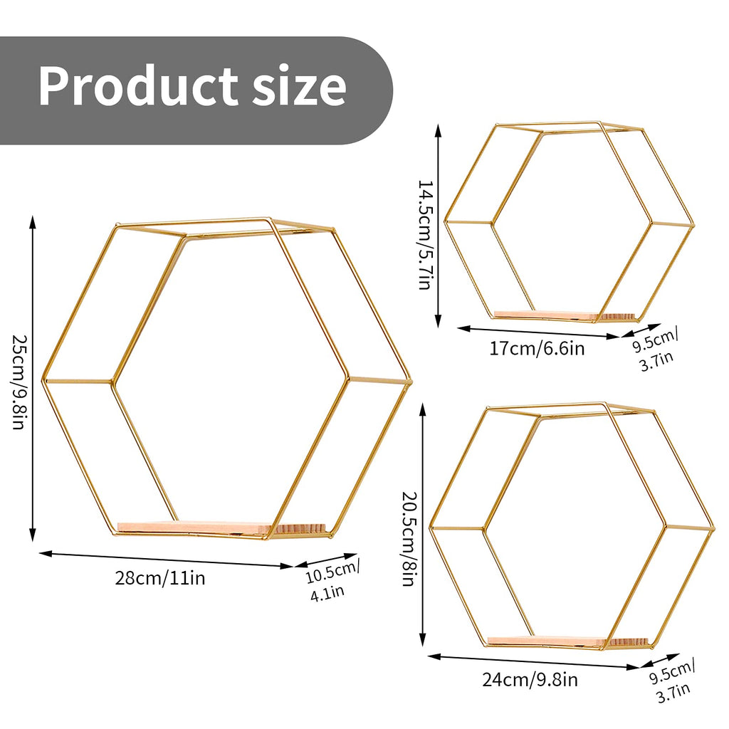Hexagon Floating Shelves for Wall Decor, Set of 3 in Different Sizes, Gold