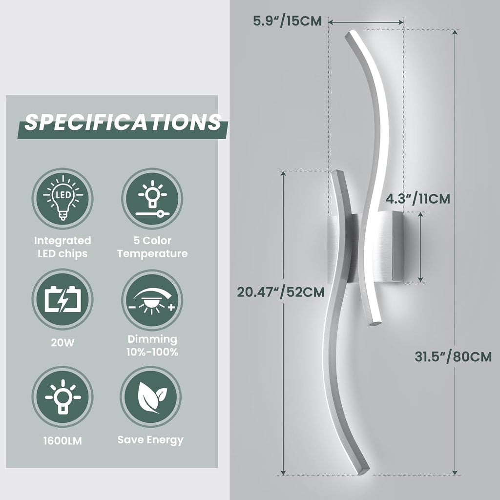 Modern Wall Sconces Set of 2,5CCT Wall Lights(Brushed Nickel,31.5in) | Brushed Nickel Wall Sconce with Night Light