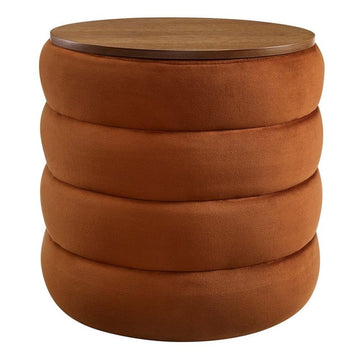 Mezzo Round Performance Velvet Storage Ottoman Stool in Rust - Channel Tufted Ottoman - Upholstered Footrest