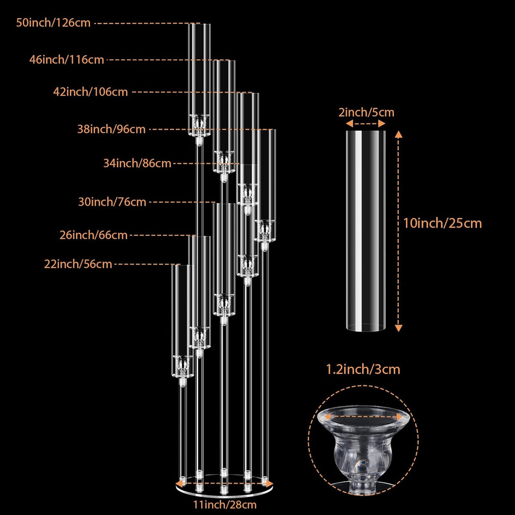 2 Sets 8 Arms 50" Tall Acrylic Candelabra Centerpieces,Clear Candle Holder, Floor Candlestick Holders with Lampshade