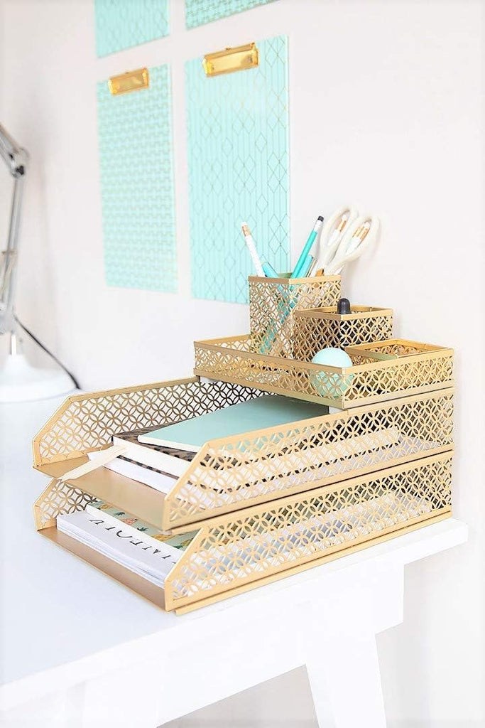 Gold Desk Organizer Set for Women 6 Piece | Mail Sorter Organizer Countertop with Letter Sorter for Desk | Steel