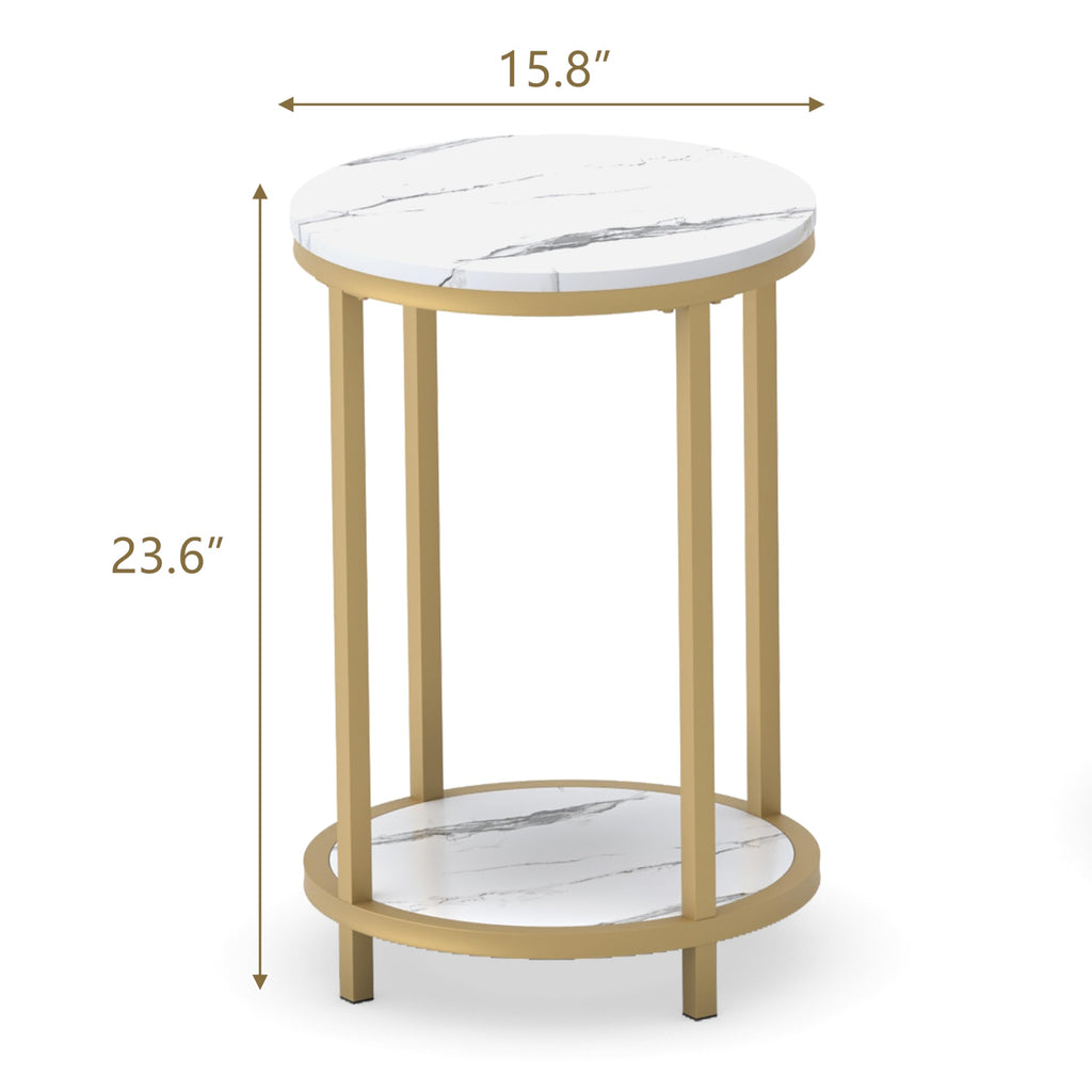 Round Side Table, Modern Nightstand End Table with Gold Metal Frame &Faux Marble Top, Accent Bedside Table Bedroom