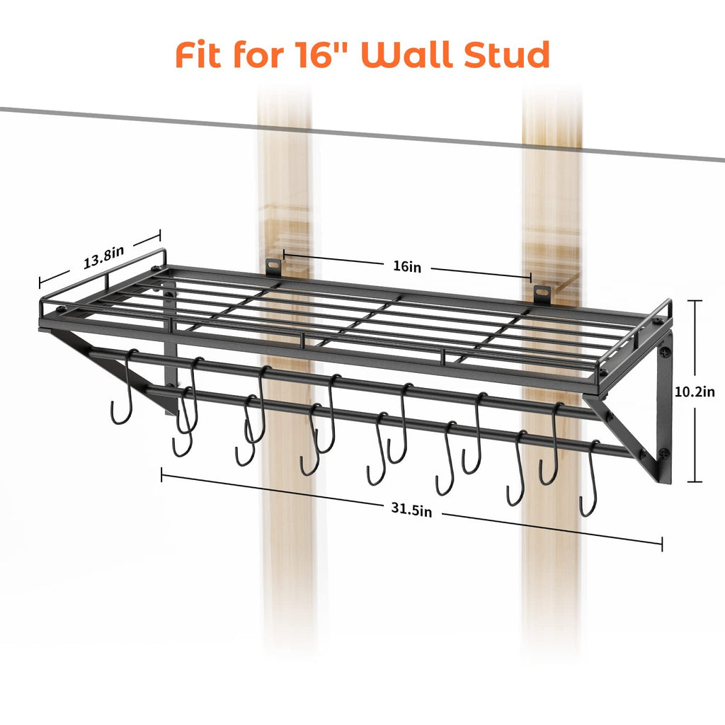 31" Pot Rack Wall Mounted, Pot Organizer with 2 Tier Hanging Rails