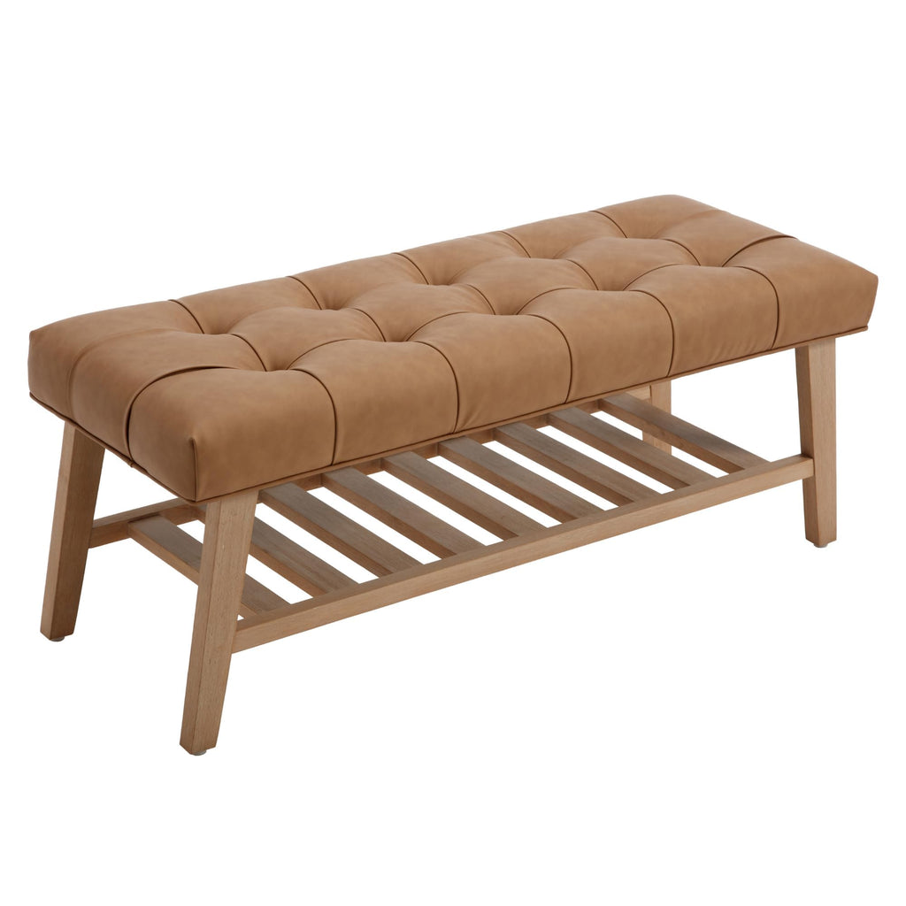 Entryway Shoe Bench Storage Benches with Upholstered Button Tufted Seat and Open Slatted Shelf PU Leather Ottoman