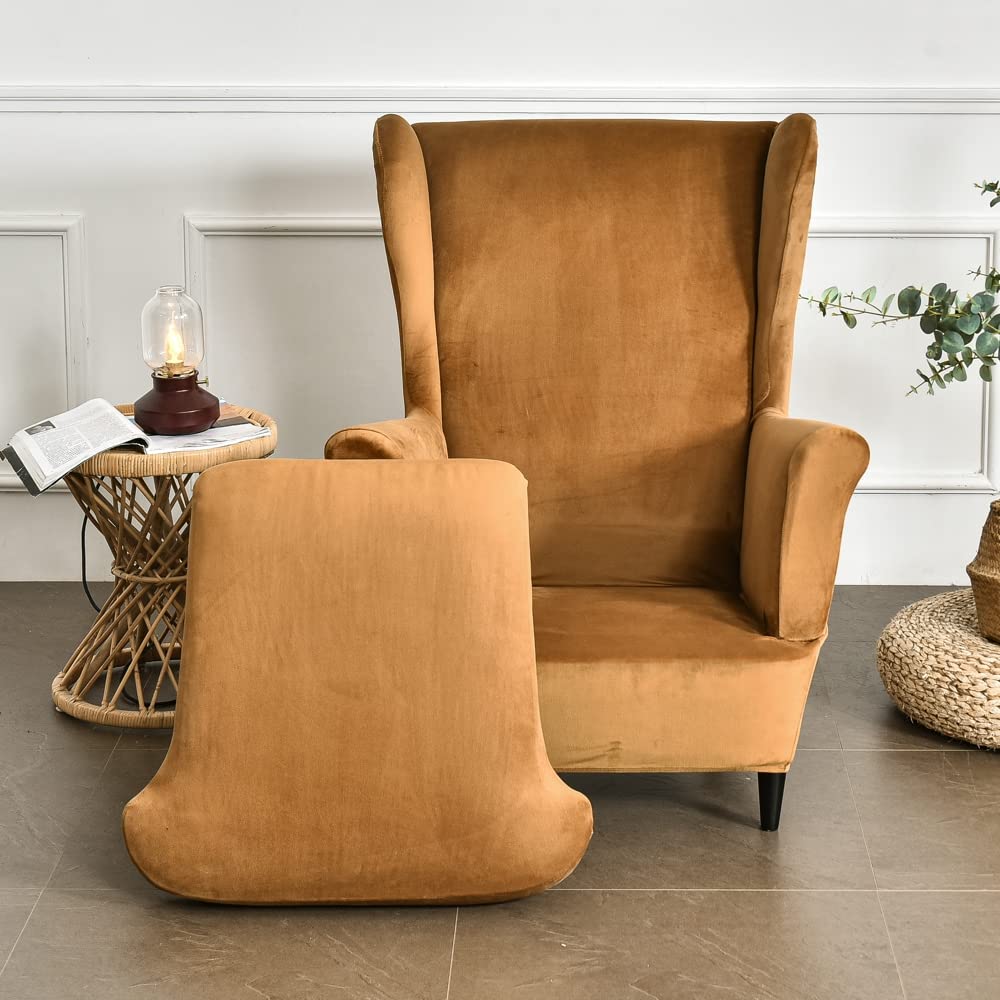 Wingback Chair Slipcover 2-Piece Velvet Stretch Wing Chair Slipcovers with Cushion Cover Removable Washable Armchair