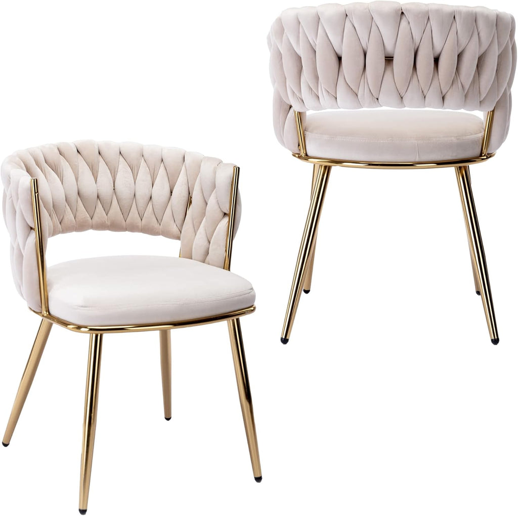 KCC Modern Velvet Dining Chairs Set of 2, Upholstered Living Room Chair with Woven Back and Golden Metal Legs
