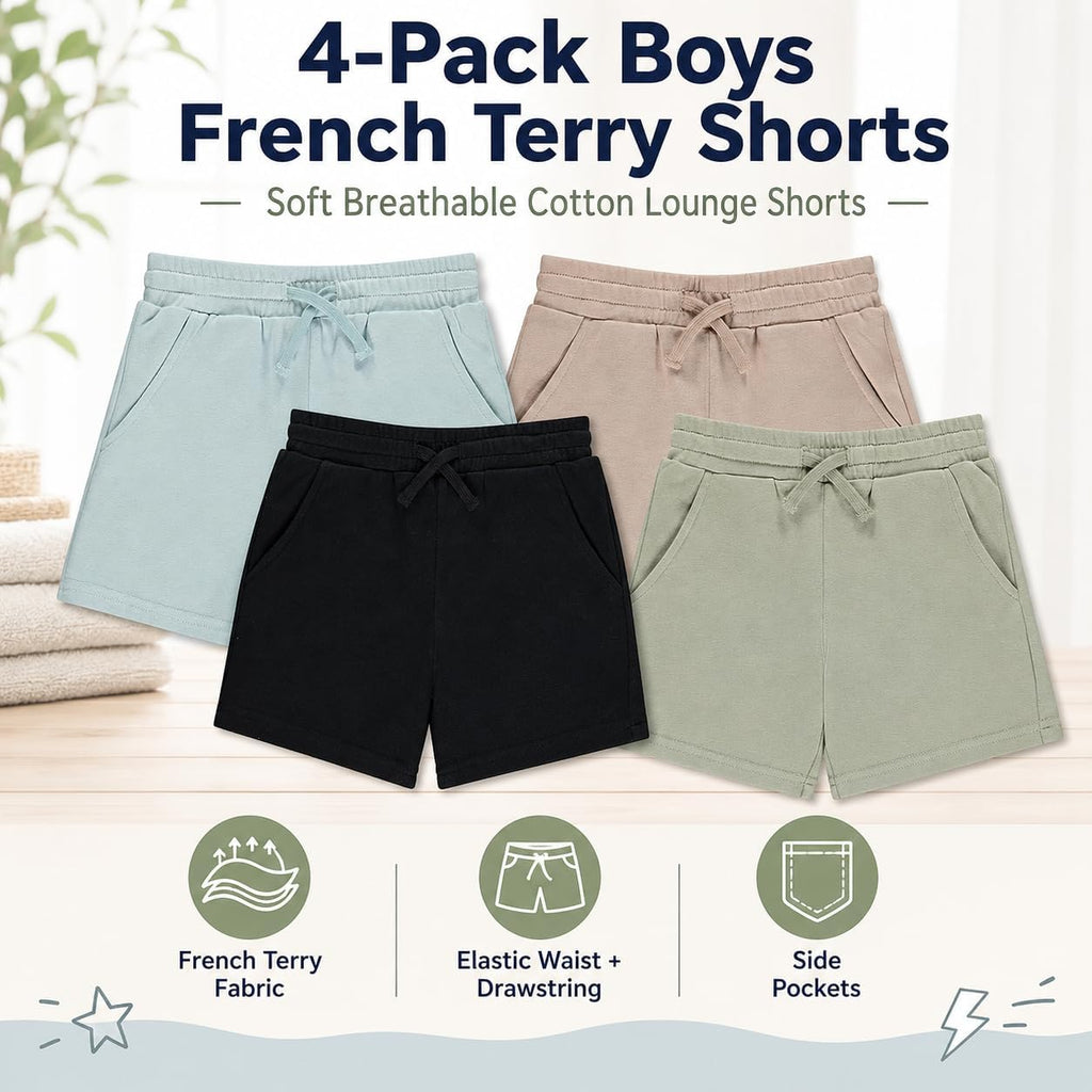 Boys 4 Pack French Terry Shorts Soft Breathable Cotton Lounge Shorts with Elastic Waist Drawstring