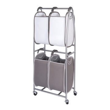2 Tier Vertical Rolling Laundry Cart - Rolling Storage Cart On Wheels With 4 x Tote Hampers For Laundry, Towels
