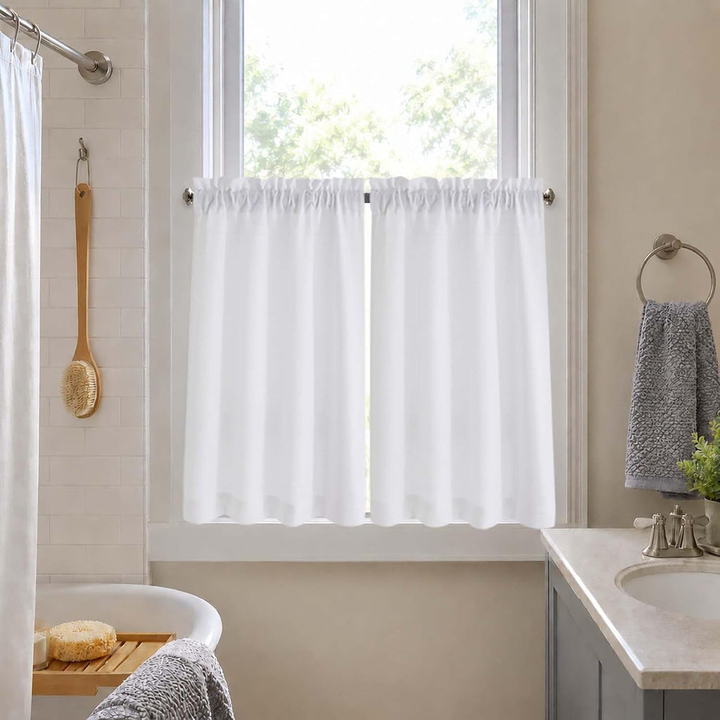 2 Panels White Kitchen Curtains 36 Inch Length Tier Curtain, Faux Linen Textured Small Cafe Curtain, Light Filtering