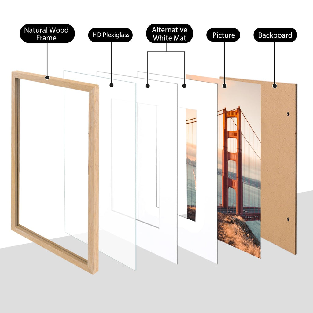 16x20 Picture Frame Natural - Solid Wood Frames with Acrylic Plexiglass for Pictures 12x16 / 11x14 with Mat or 16x20