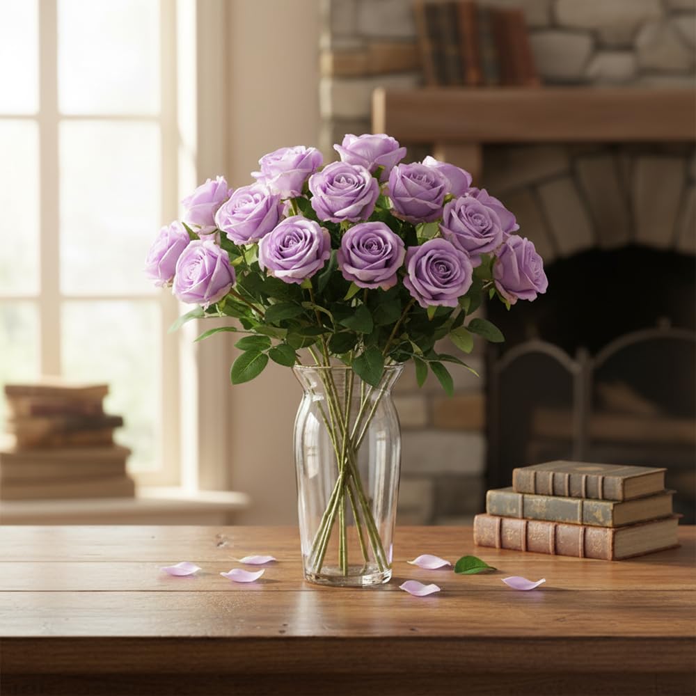 Artificial Velvet Roses 12pcs Faux Flowers Light Purple